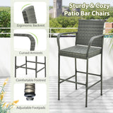 Patio Wicker Barstools with Armrests and Soft Cushions for Porch Backyard Set of 2