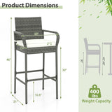 Patio Wicker Barstools with Armrests and Soft Cushions for Porch Backyard Set of 2
