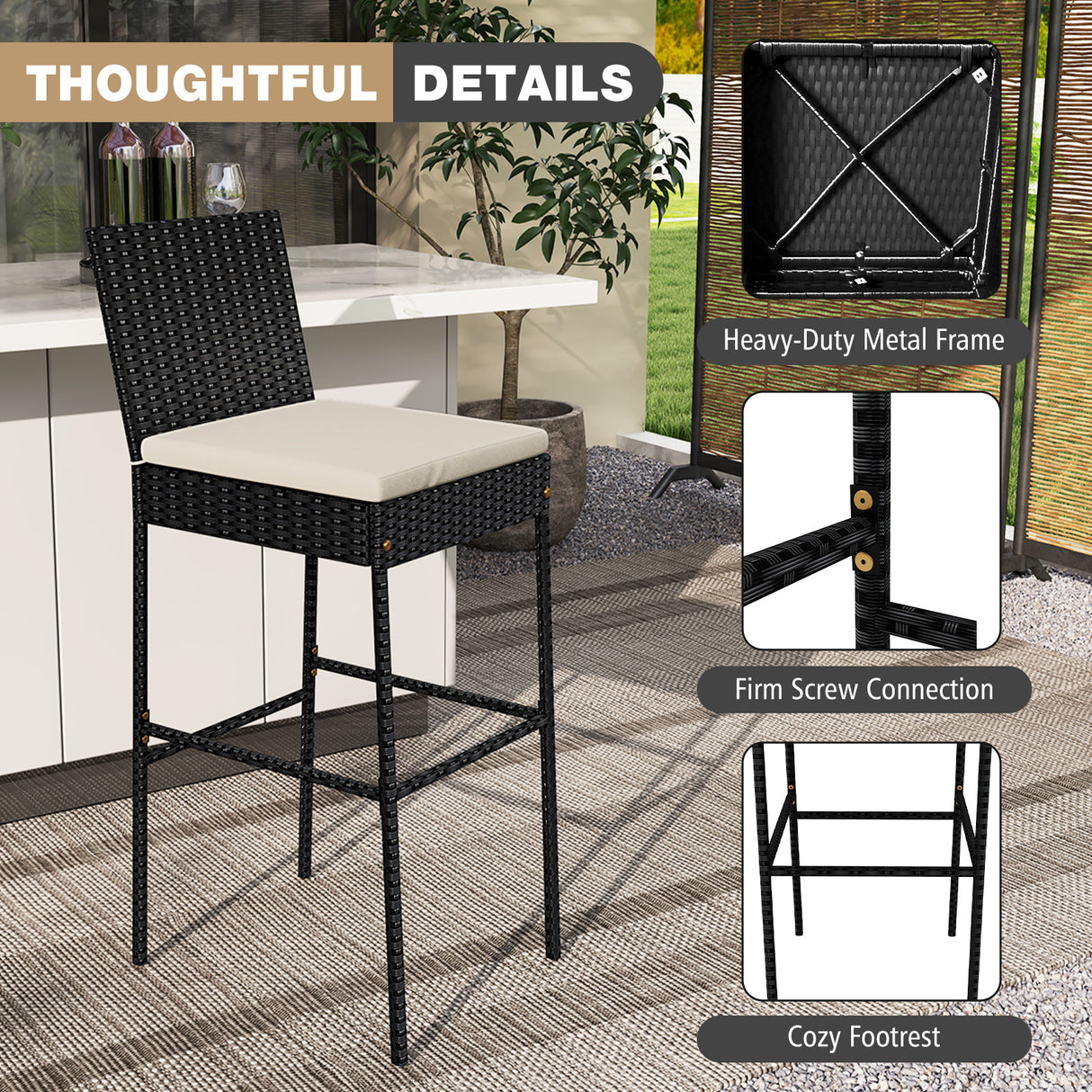 Patio Wicker Barstools Set of 2 with Footrest and Backrest for Backyard