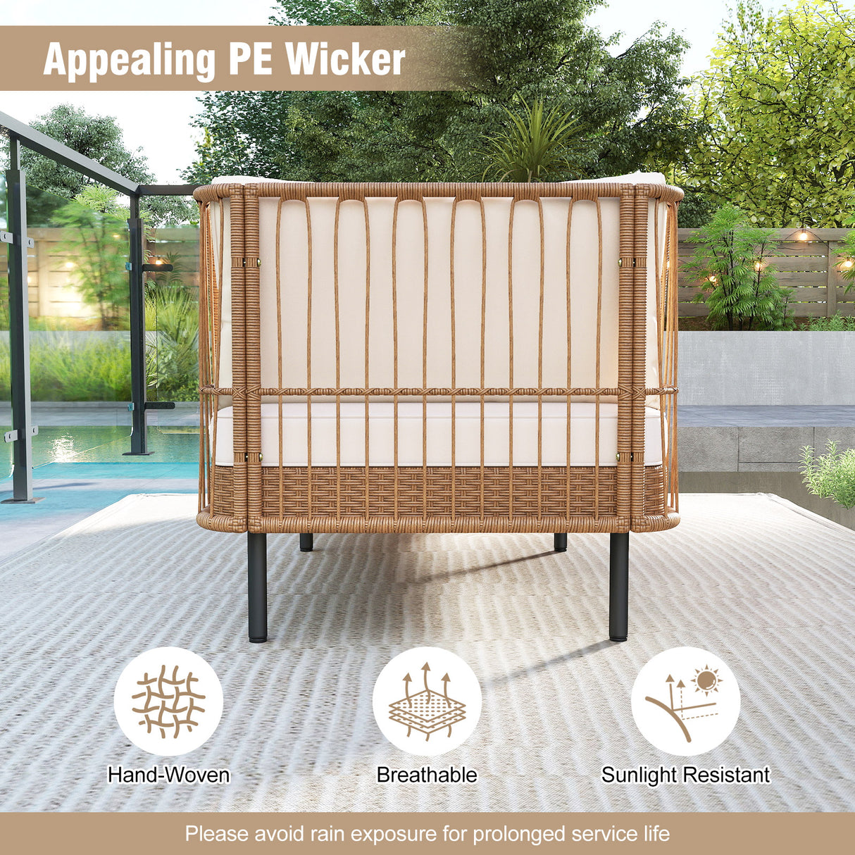 Patio Wicker Daybed Outdoor Boho Rattan Loveseat Sofa with Seat and Back Cushions-White