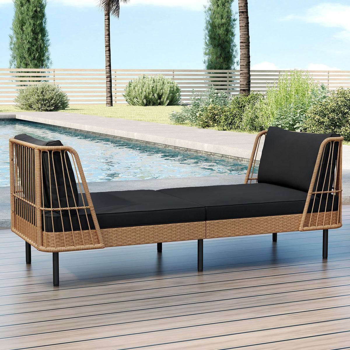 Patio Wicker Daybed Outdoor Boho Rattan Loveseat Sofa with Seat and Back Cushions
