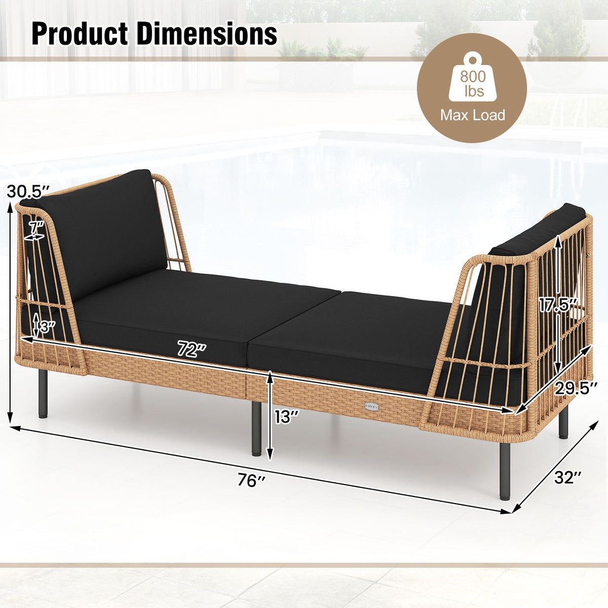 Patio Wicker Daybed Outdoor Boho Rattan Loveseat Sofa with Seat and Back Cushions