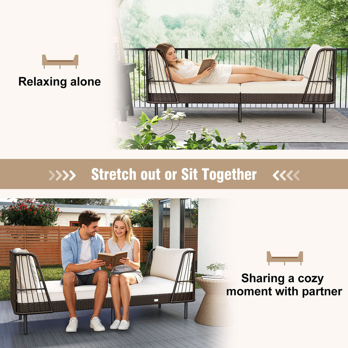 Patio Wicker Daybed Outdoor Boho Rattan Loveseat Sofa with Seat and Back Cushions