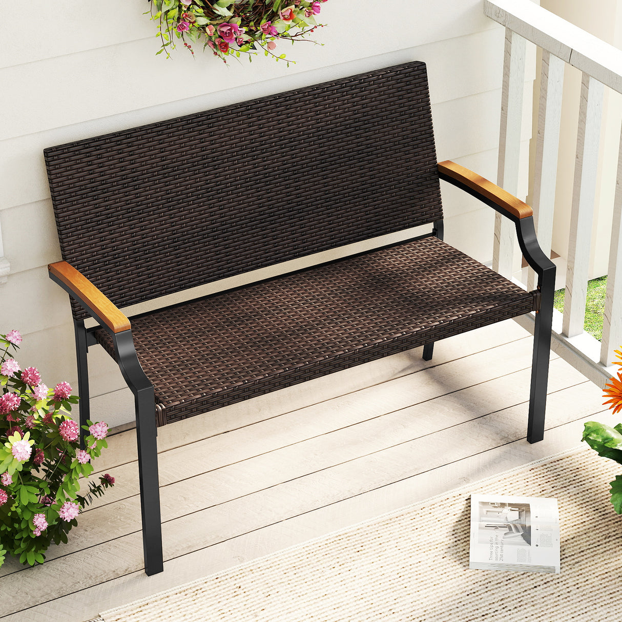 Patio Wicker Loveseat Chair with Acacia Wood Armrests and Metal Frame