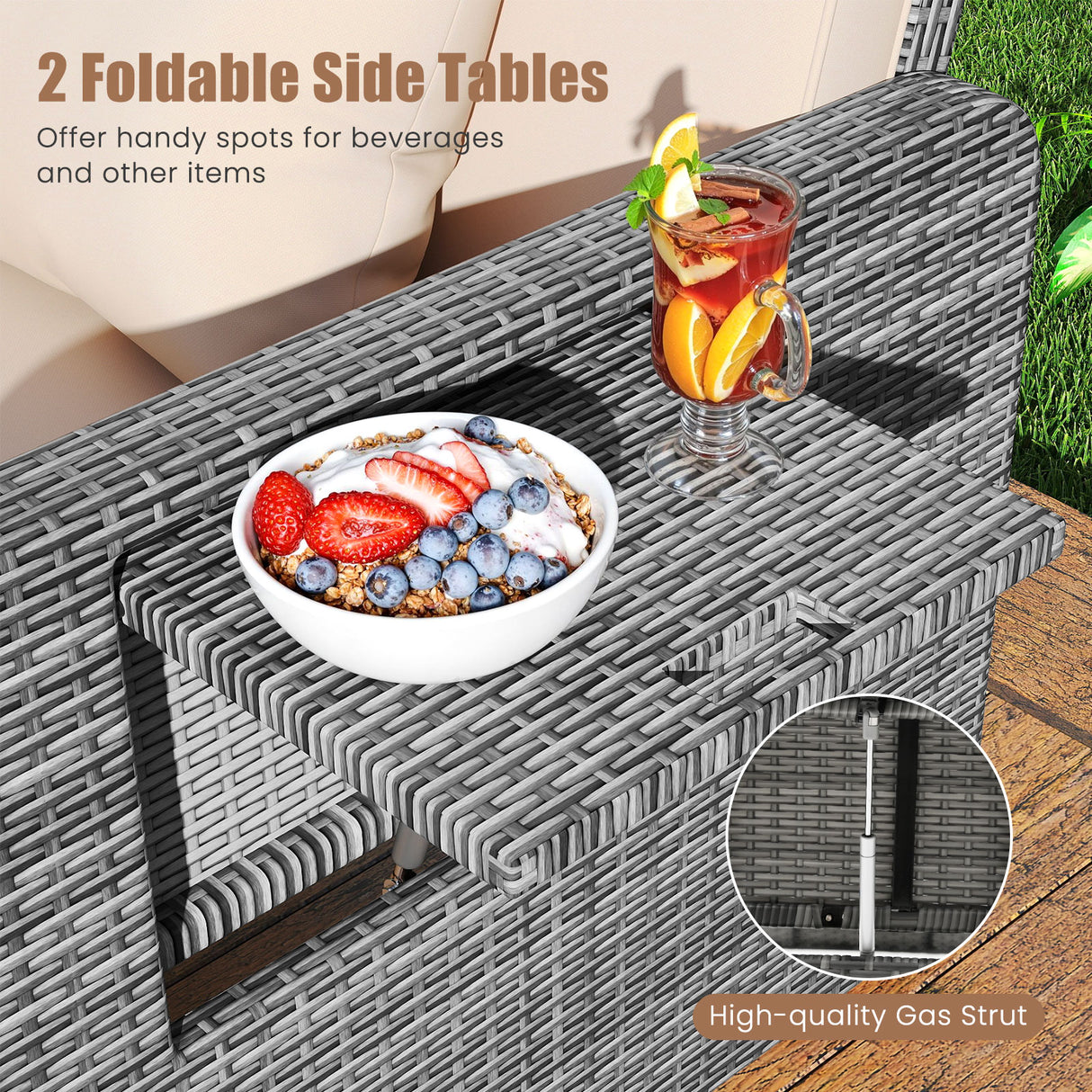 Wicker Loveseat Sofa with Multipurpose Ottoman and Retractable Side Tray