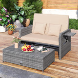 Wicker Loveseat Sofa with Multipurpose Ottoman and Retractable Side Tray