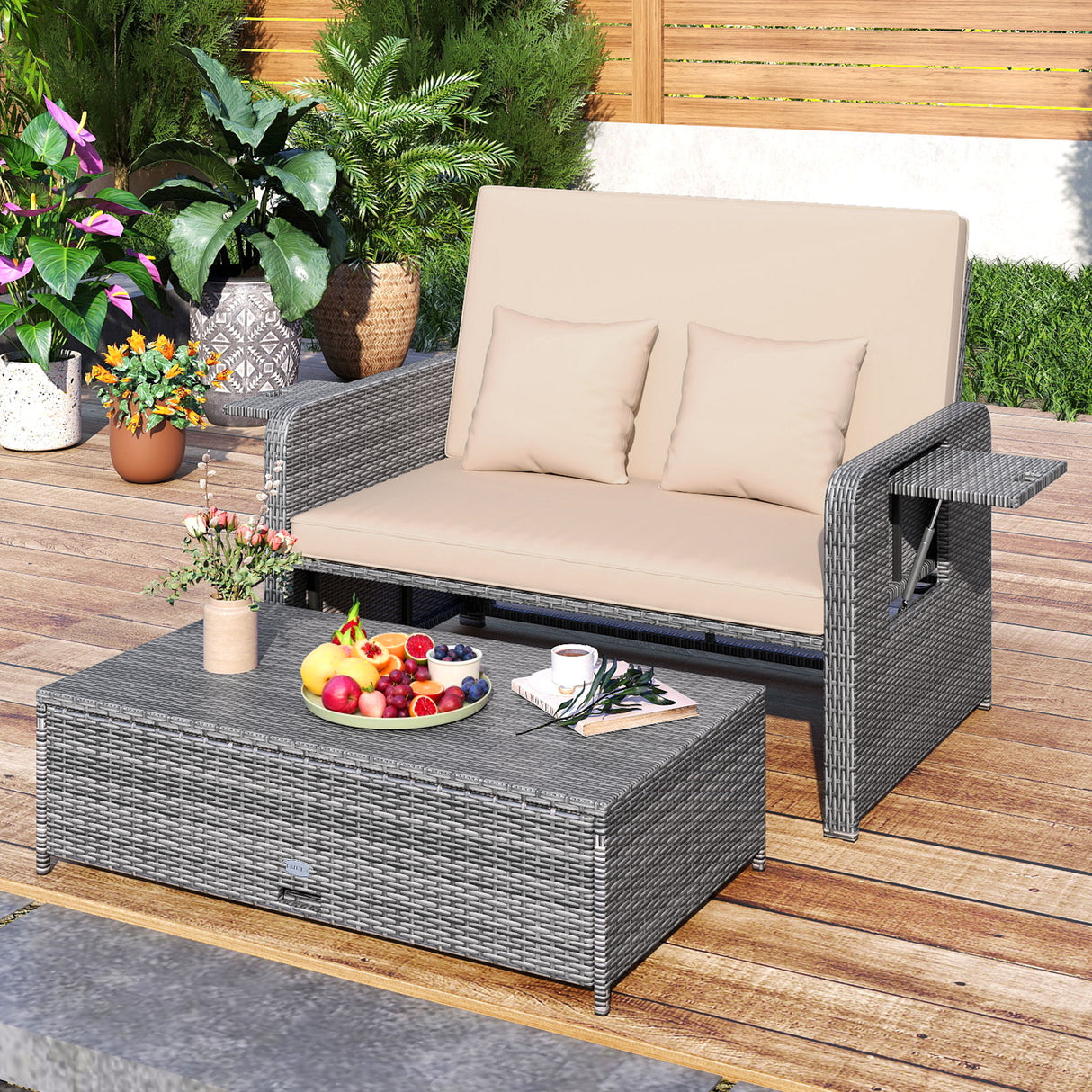 Wicker Loveseat Sofa with Multipurpose Ottoman and Retractable Side Tray
