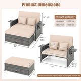 Wicker Loveseat Sofa with Multipurpose Ottoman and Retractable Side Tray