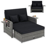 Wicker Loveseat Sofa with Multipurpose Ottoman and Retractable Side Tray