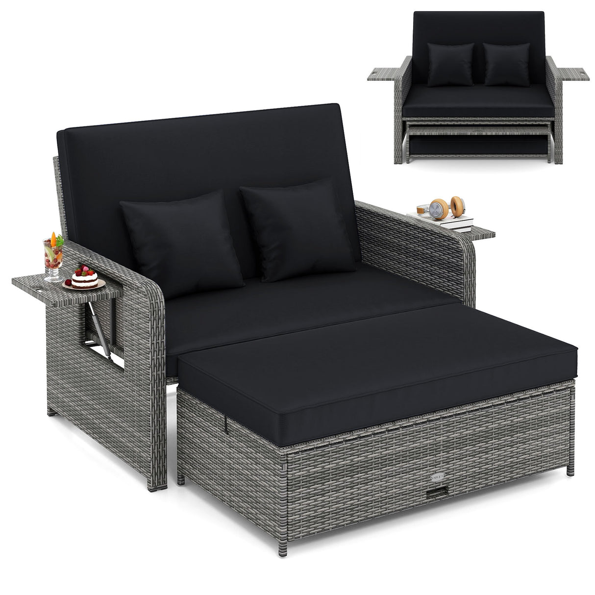 Wicker Loveseat Sofa with Multipurpose Ottoman and Retractable Side Tray