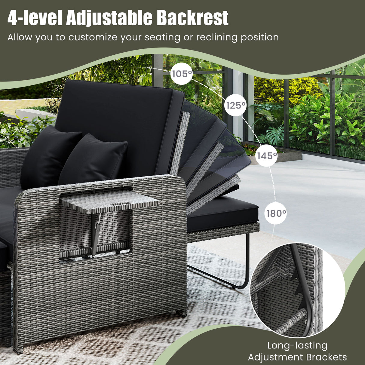 Wicker Loveseat Sofa with Multipurpose Ottoman and Retractable Side Tray