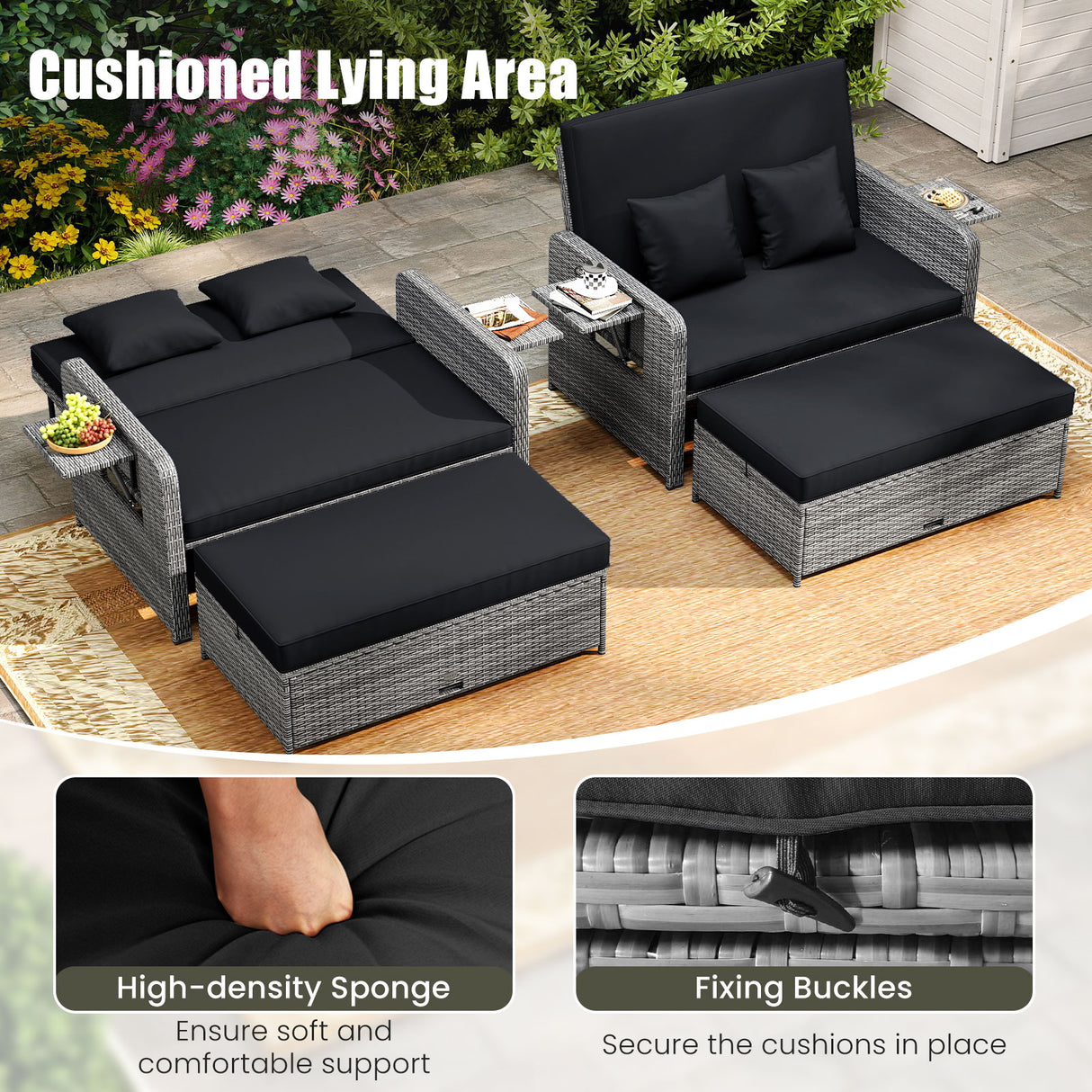 Wicker Loveseat Sofa with Multipurpose Ottoman and Retractable Side Tray