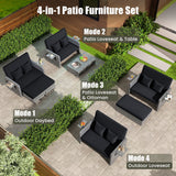 Wicker Loveseat Sofa with Multipurpose Ottoman and Retractable Side Tray