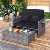 Wicker Loveseat Sofa with Multipurpose Ottoman and Retractable Side Tray
