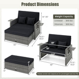 Wicker Loveseat Sofa with Multipurpose Ottoman and Retractable Side Tray