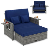Wicker Loveseat Sofa with Multipurpose Ottoman and Retractable Side Tray