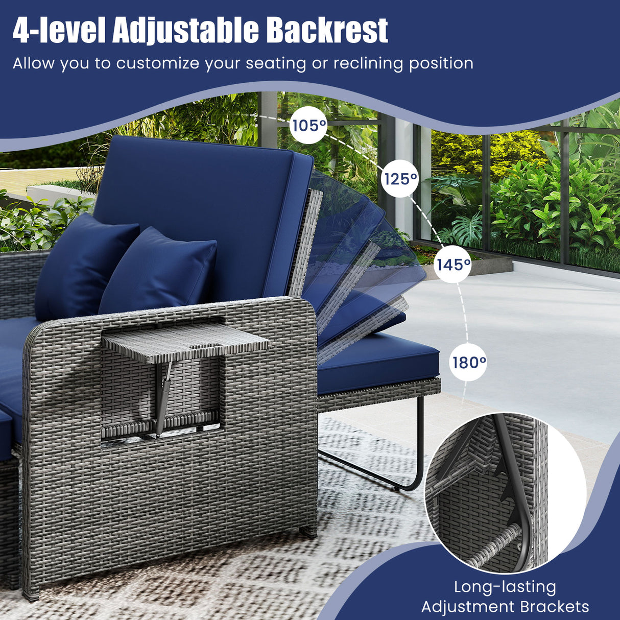 Wicker Loveseat Sofa with Multipurpose Ottoman and Retractable Side Tray