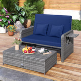 Wicker Loveseat Sofa with Multipurpose Ottoman and Retractable Side Tray