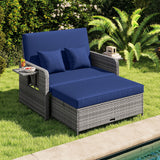 Wicker Loveseat Sofa with Multipurpose Ottoman and Retractable Side Tray