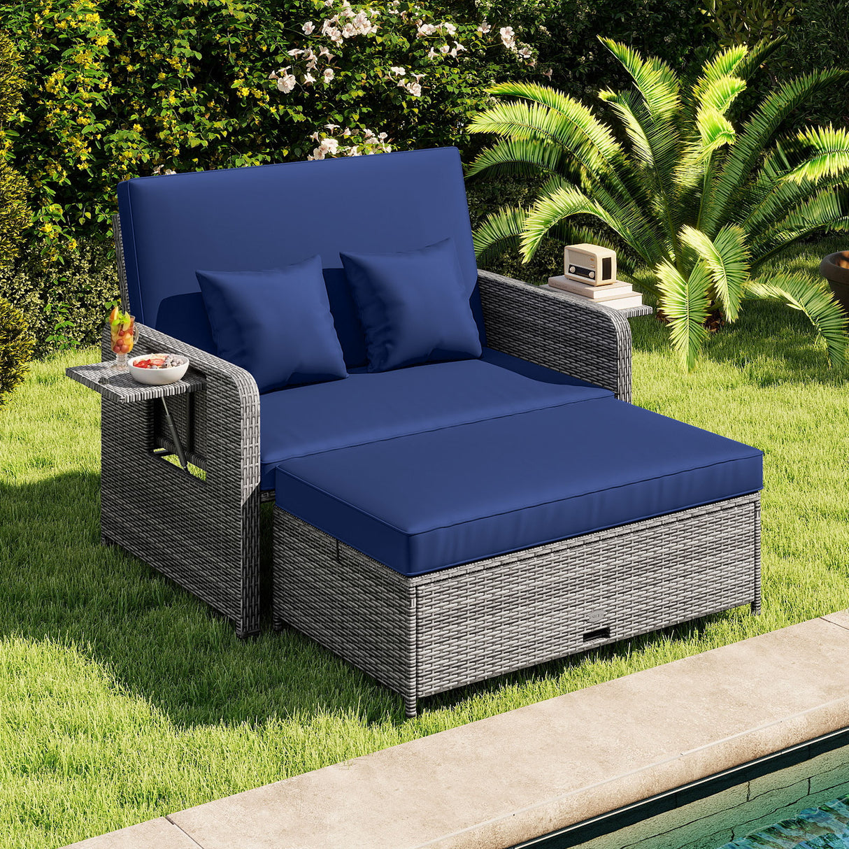 Wicker Loveseat Sofa with Multipurpose Ottoman and Retractable Side Tray
