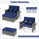 Wicker Loveseat Sofa with Multipurpose Ottoman and Retractable Side Tray