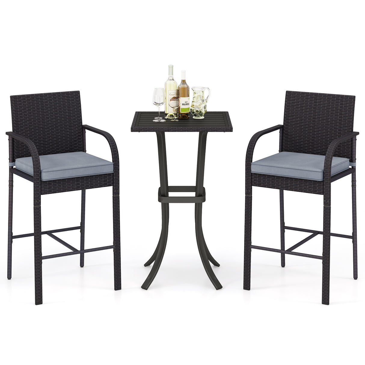 3-Piece Patio Wicker Rattan Bar Height Chairs and Square Table Set-Black