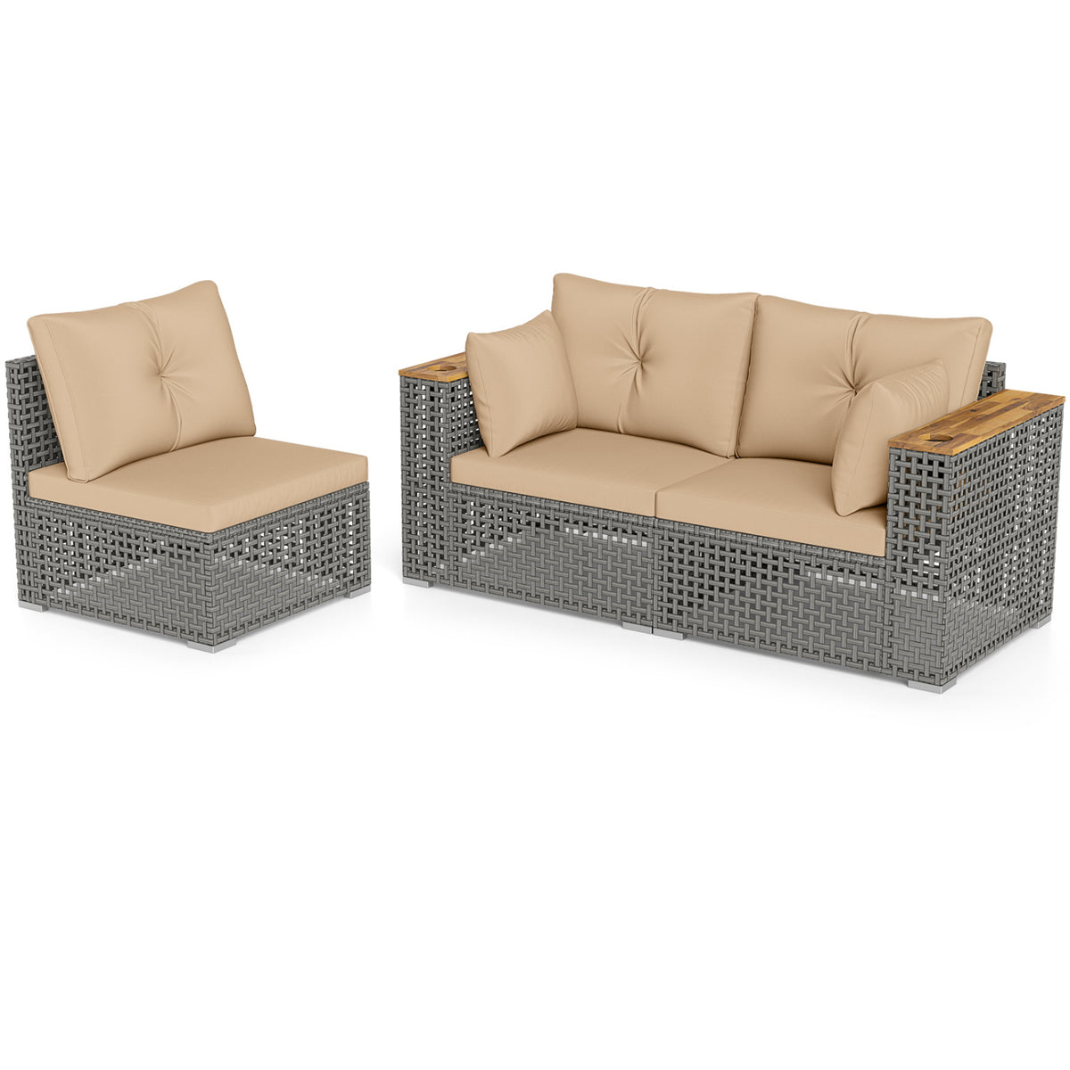Patio Wicker Sectional Furniture Set with 1 Armless and 2 Corner Sofas for Garden