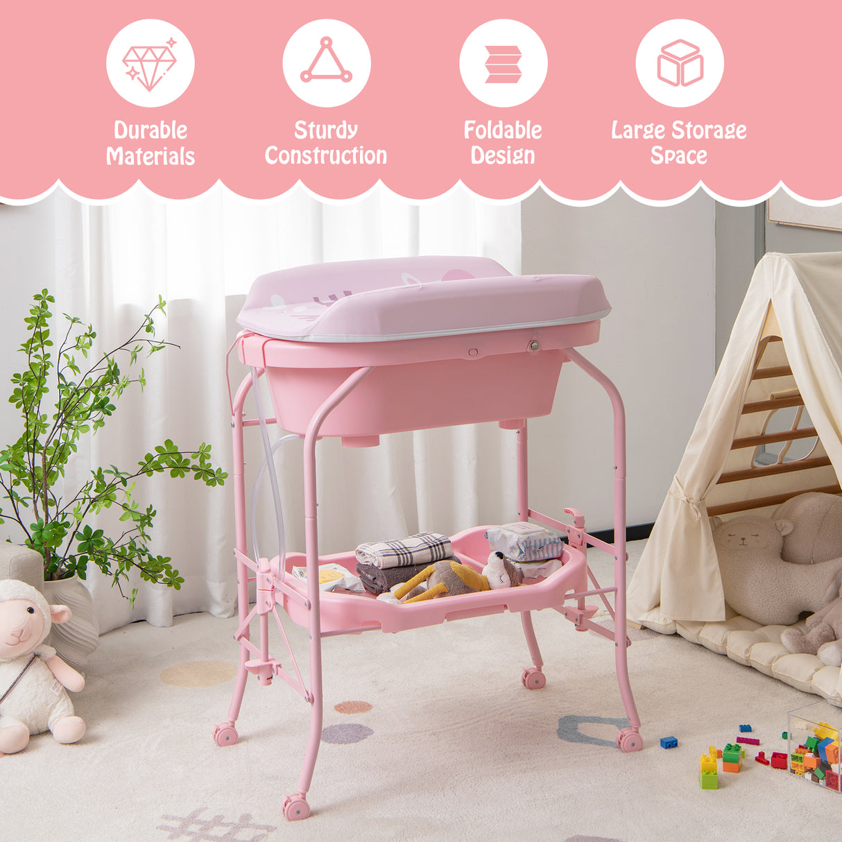 Portable Baby Changing Table with Storage Basket and Shelves