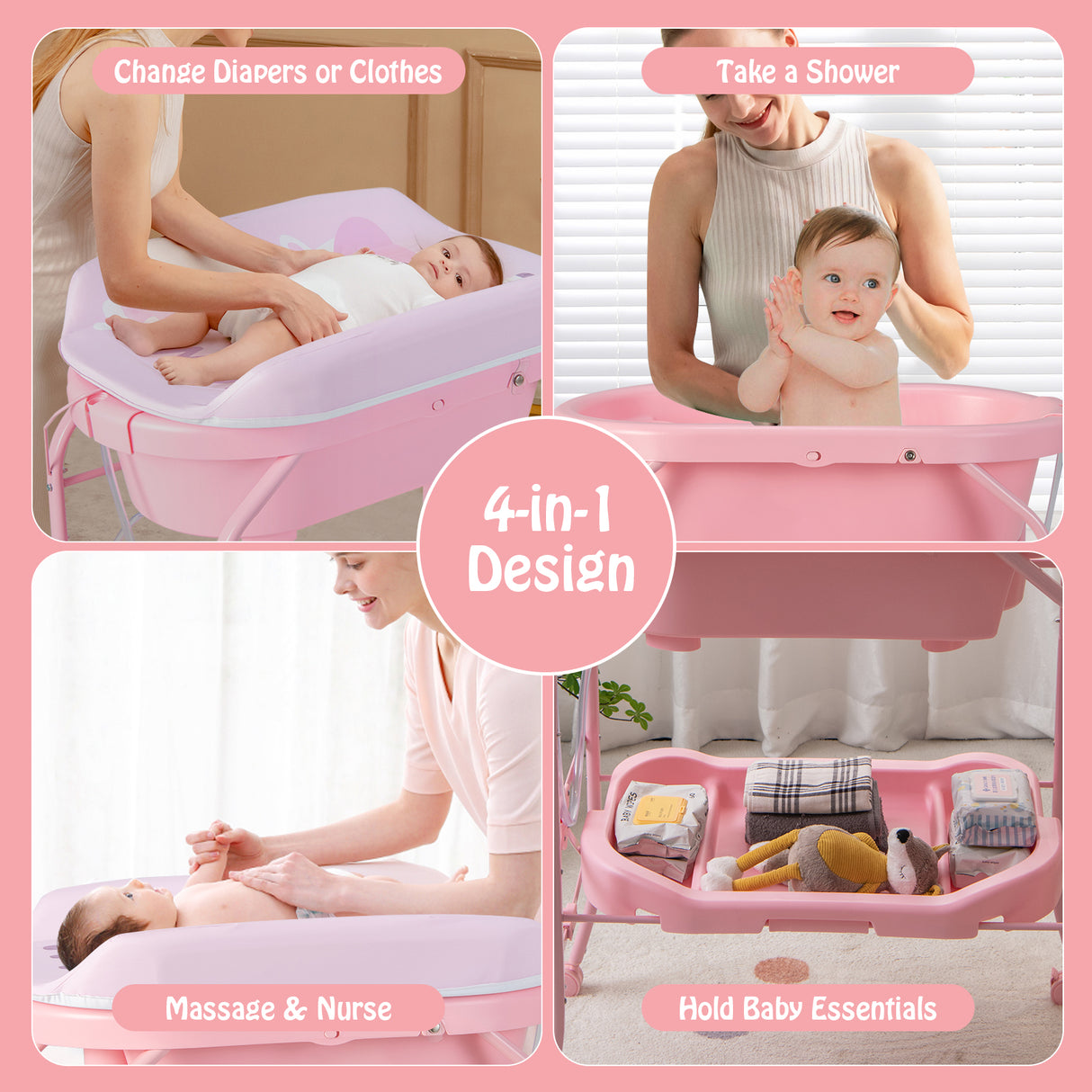 Portable Baby Changing Table with Storage Basket and Shelves