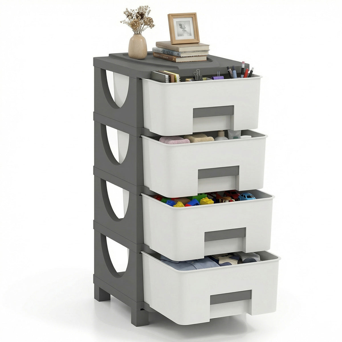 Plastic Storage Organizer with Compact Drawer Cabinet Side Table for Bedroom-Gray