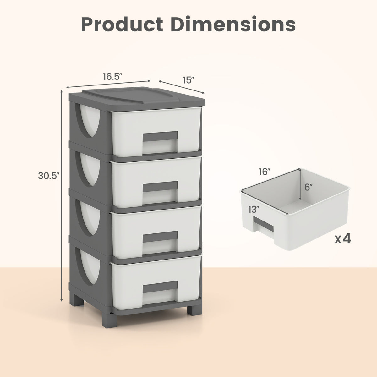Plastic Storage Organizer with Compact Drawer Cabinet Side Table for Bedroom-Gray