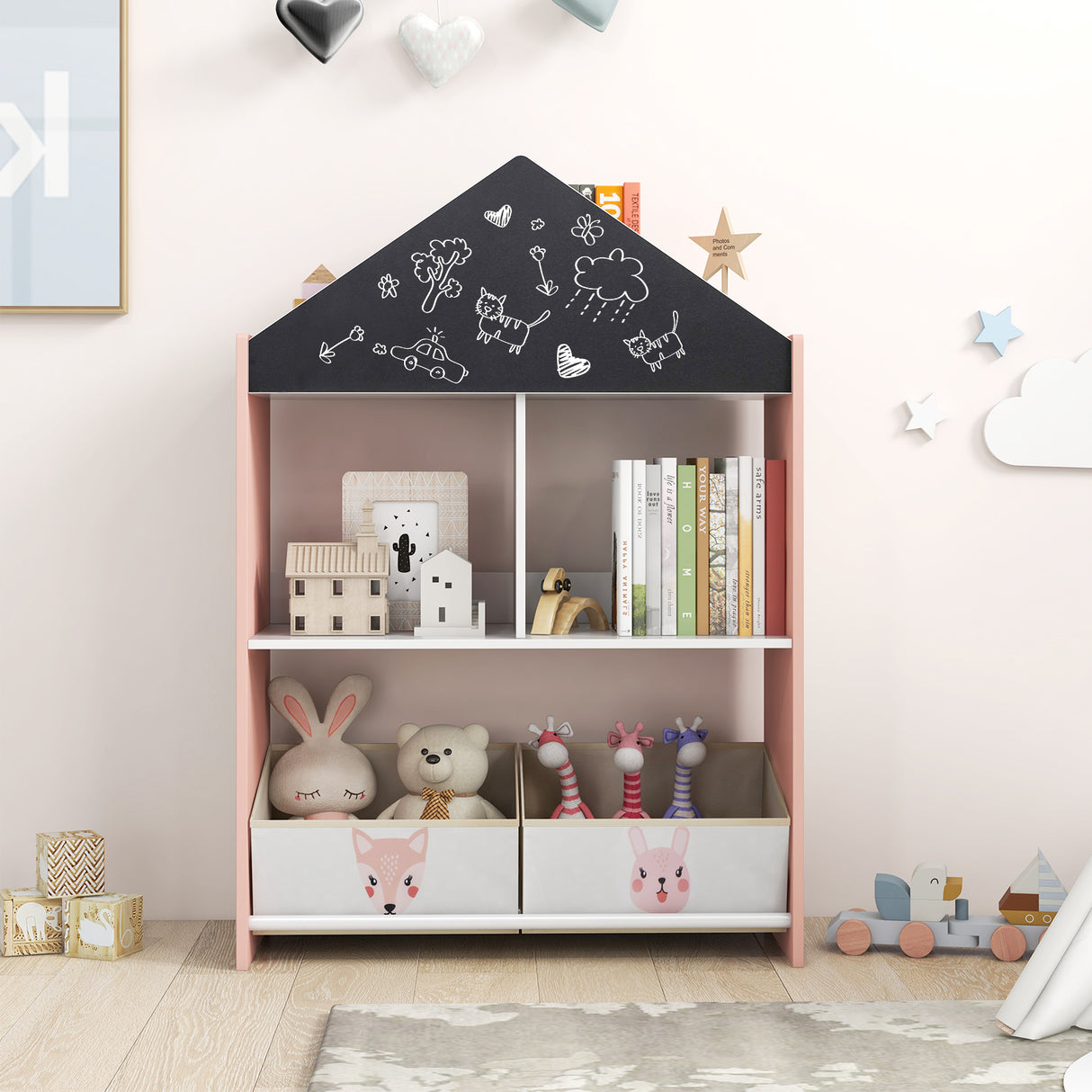 Playhouse Kids Bookshelf with Chalkboard and Whiteboard for 3-6 Years