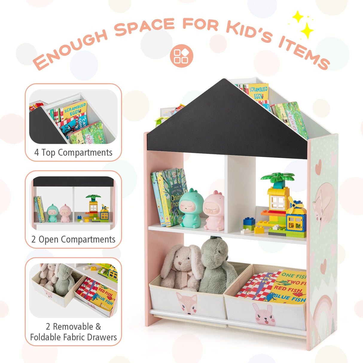 Playhouse Kids Bookshelf with Chalkboard and Whiteboard for 3-6 Years