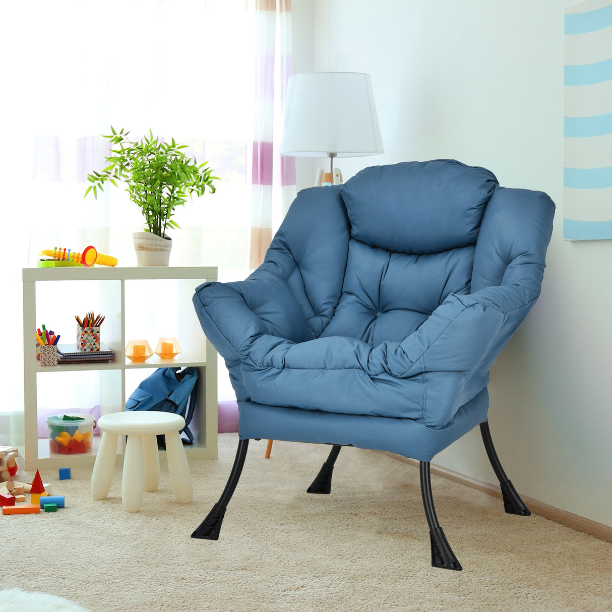 Modern Polyester Fabric Lazy Chair with Steel Frame and Side Pocket