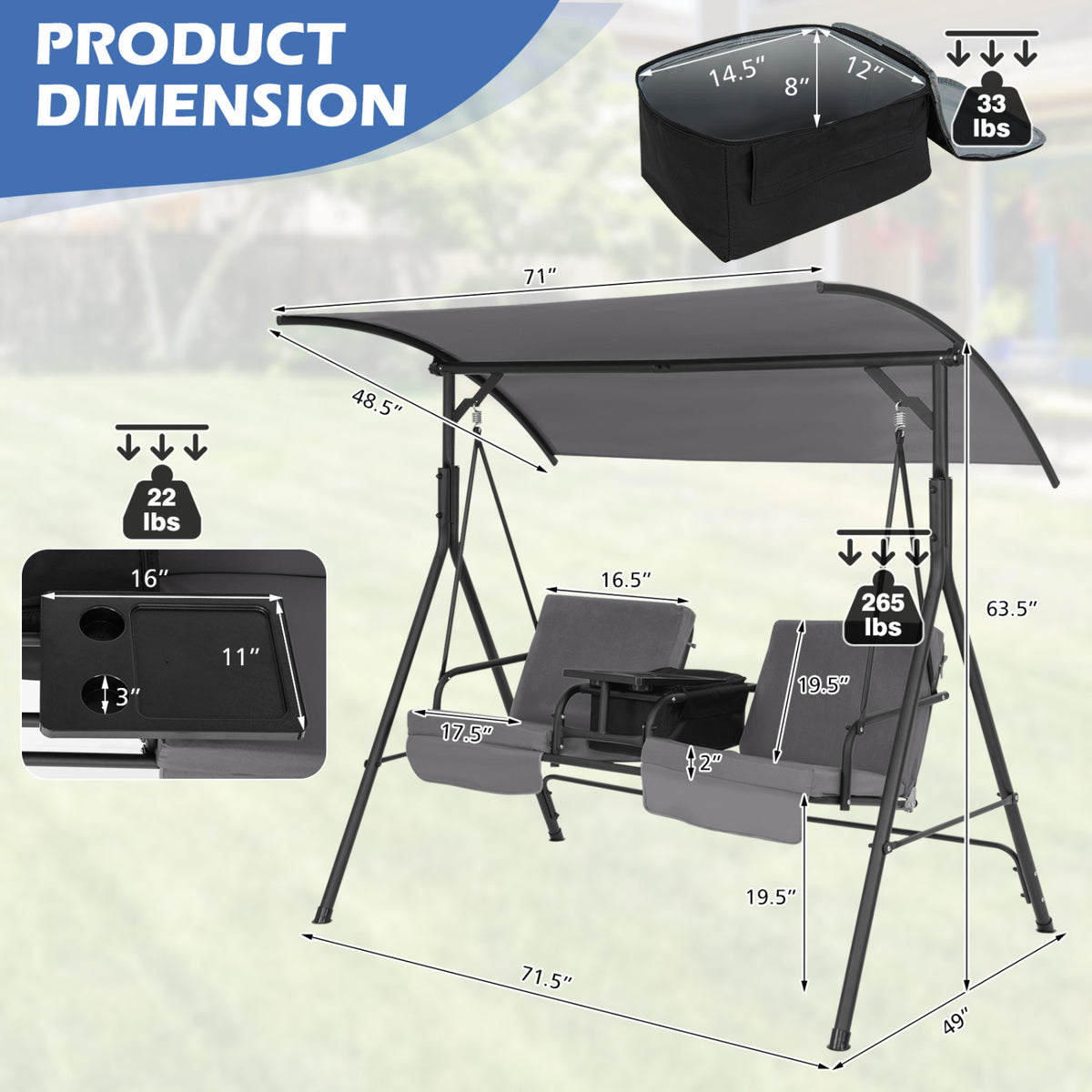 Porch Swing Chair with Adjustable Canopy
