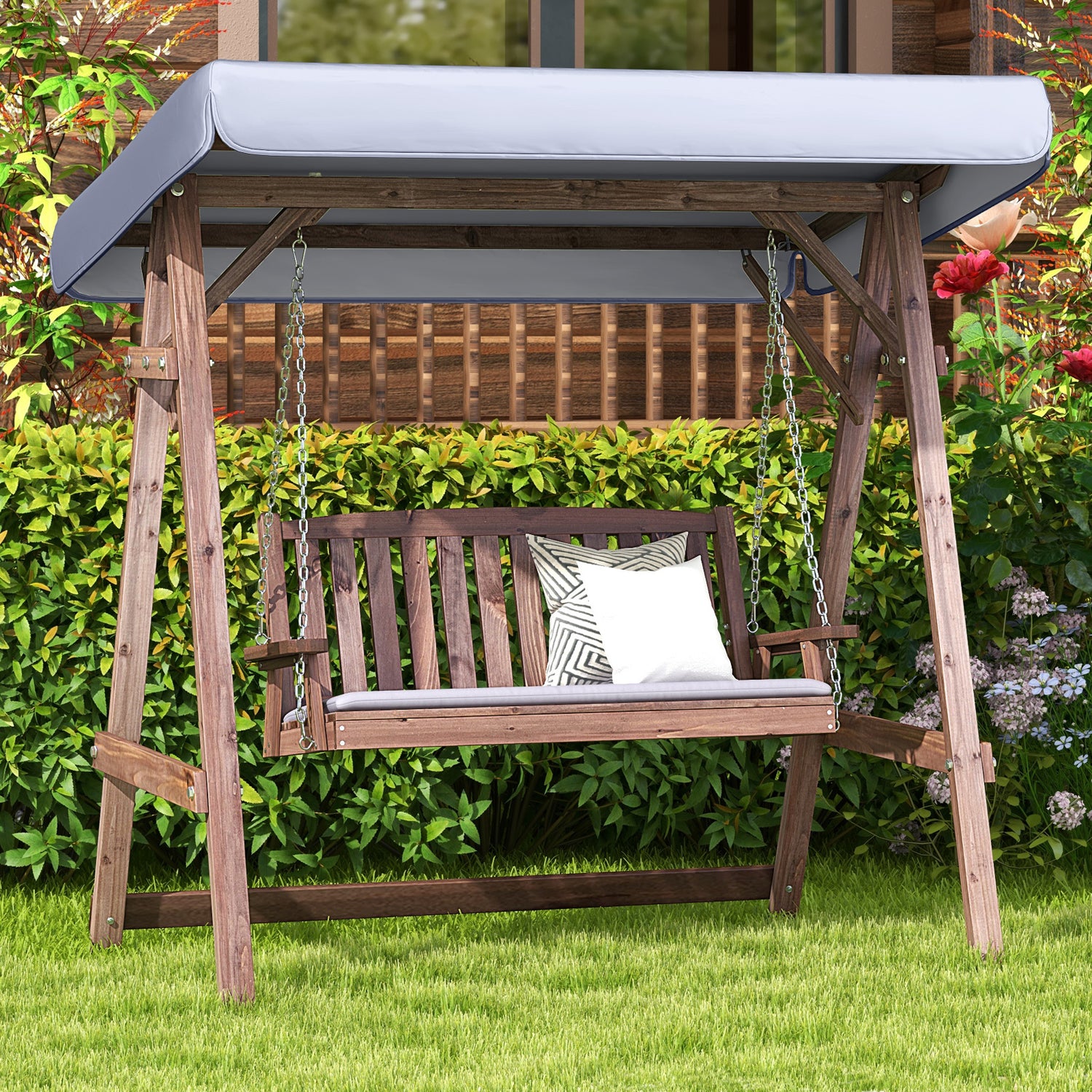 2-Person Porch Swing with Fir Wood Stand and Tilt Canopy-Brown