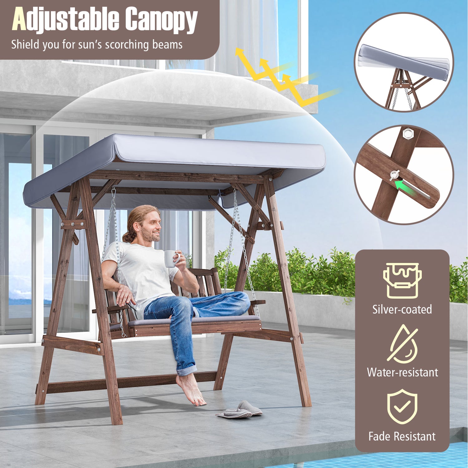 2-Person Porch Swing with Fir Wood Stand and Tilt Canopy-Brown