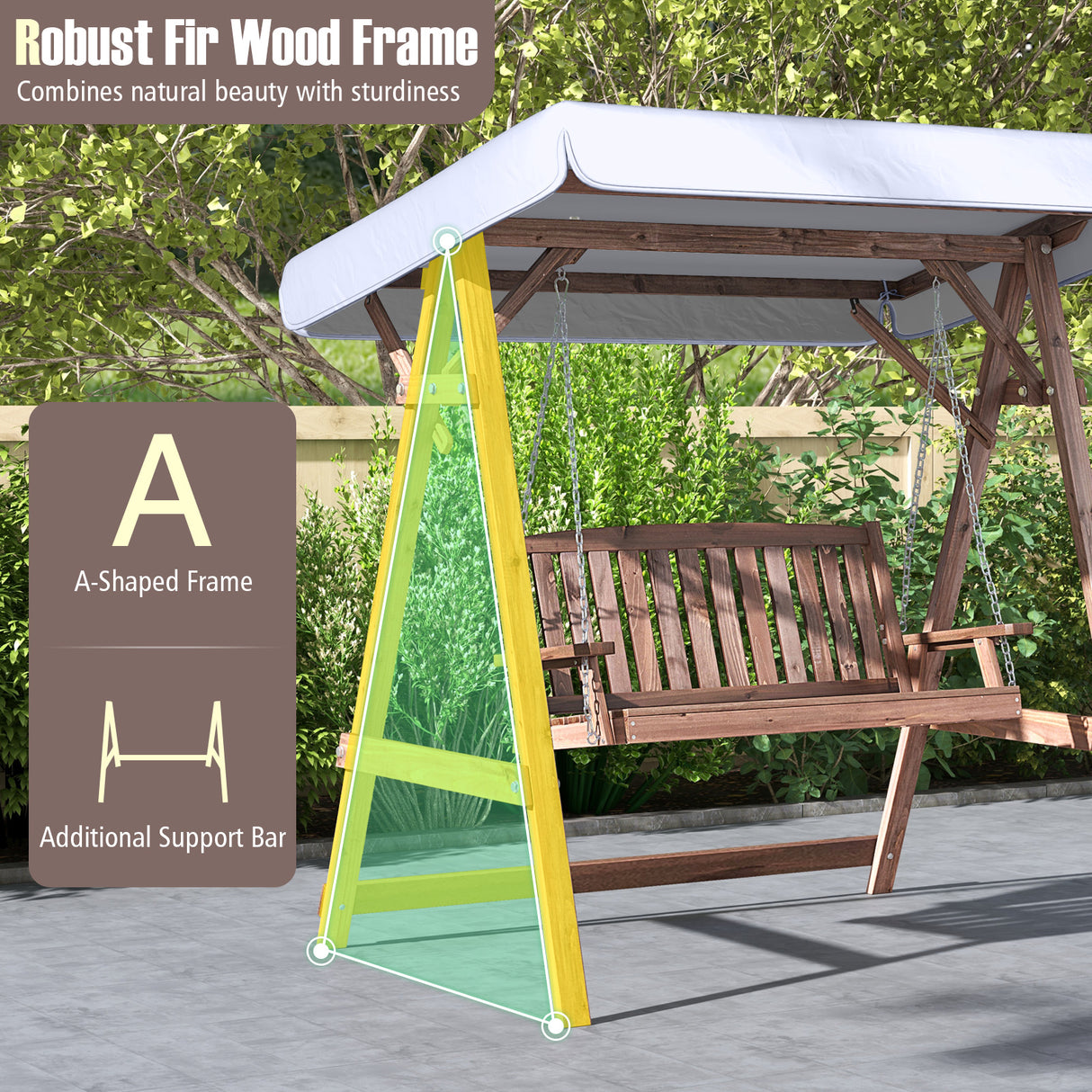 2-Person Porch Swing with Fir Wood Stand and Tilt Canopy-Brown