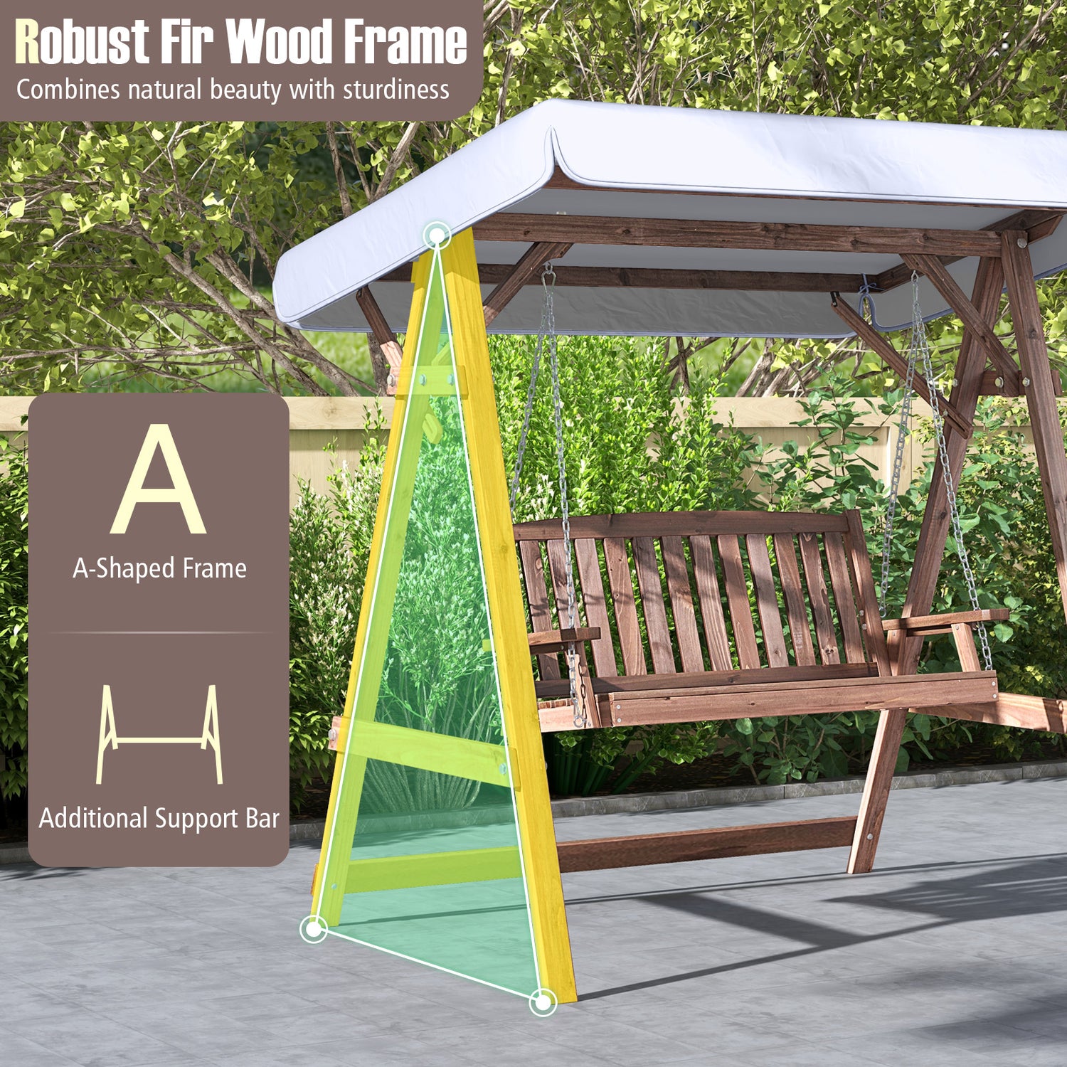 2-Person Porch Swing with Fir Wood Stand and Tilt Canopy-Brown