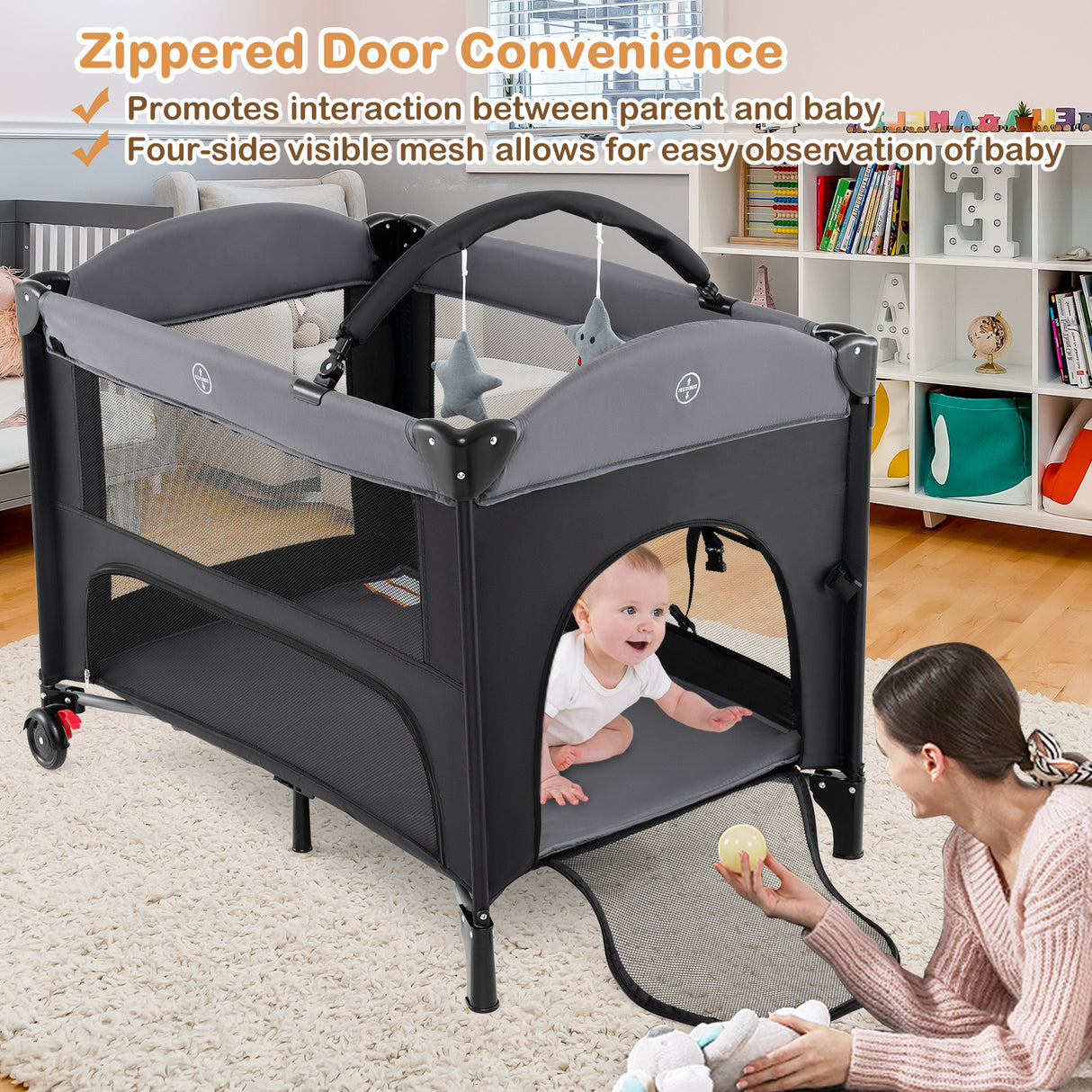 Foldable Baby Bassinet with 4 Adjustable Heights Changing Table and Mattress