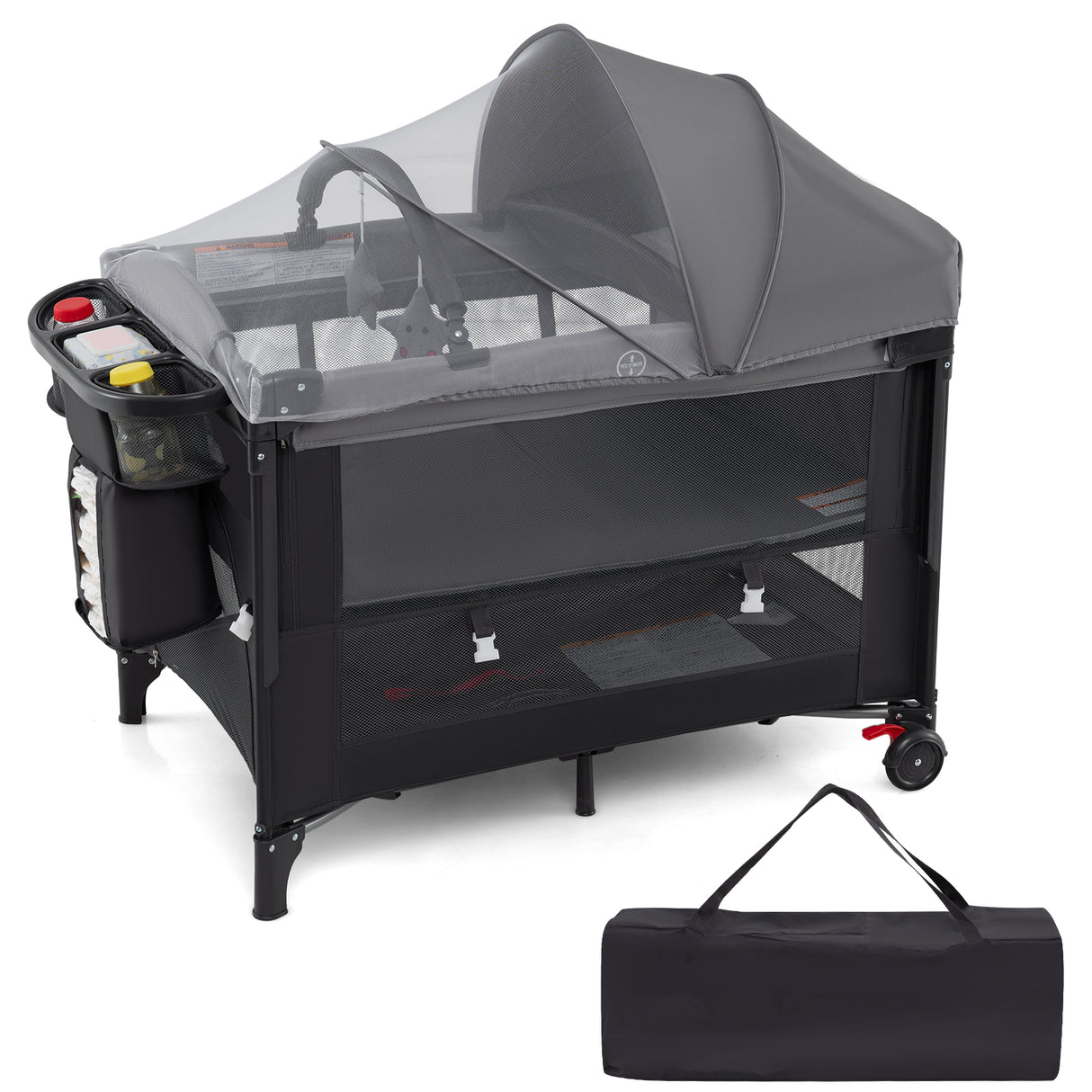 Foldable Baby Bassinet with 4 Adjustable Heights Changing Table and Mattress