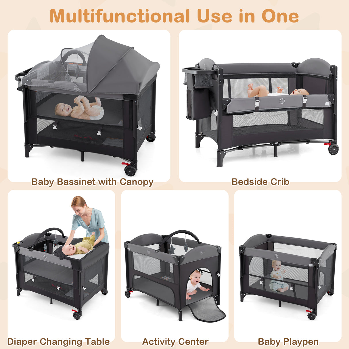 Foldable Baby Bassinet with 4 Adjustable Heights Changing Table and Mattress