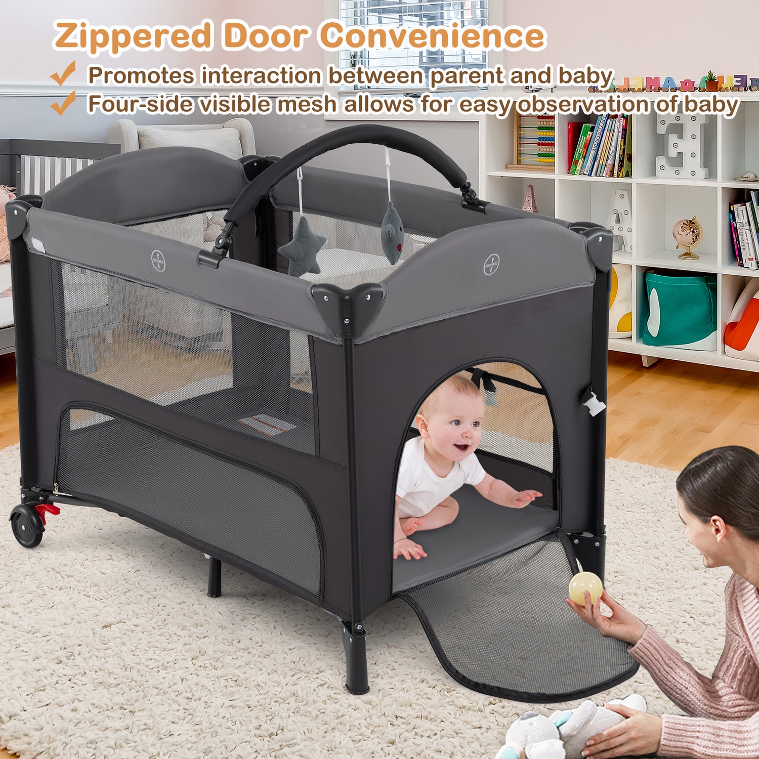 Foldable Baby Bassinet with 4 Adjustable Heights Changing Table and Mattress