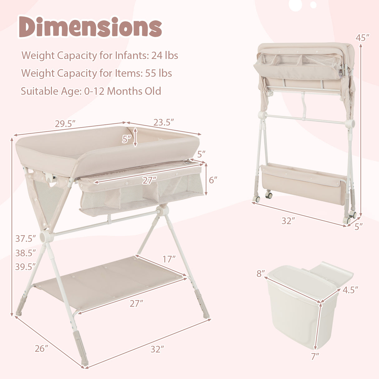 Portable Baby Changing Table with 3-Level Adjustable Height