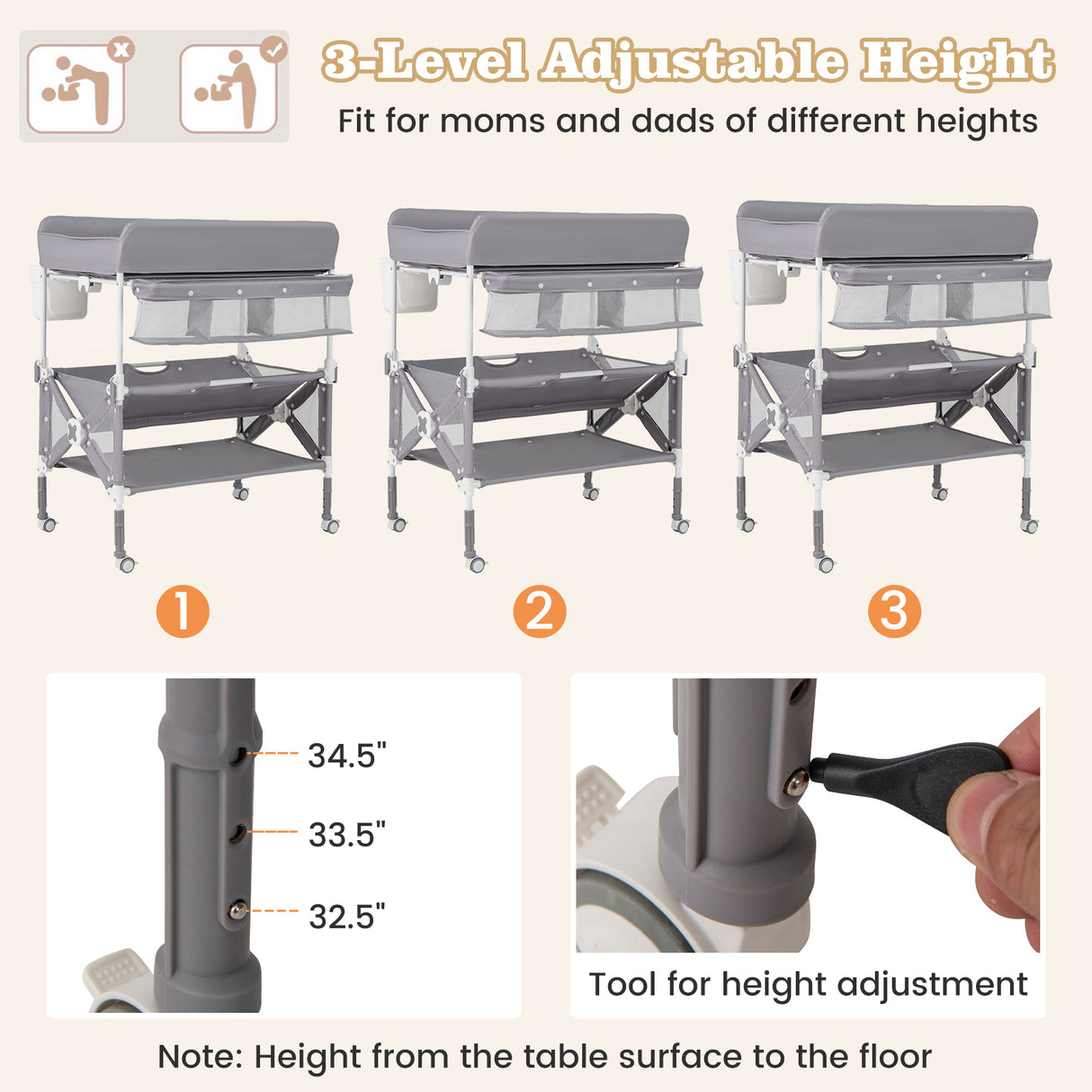 Portable Baby Changing Table with Wheels and Large Storage Rack