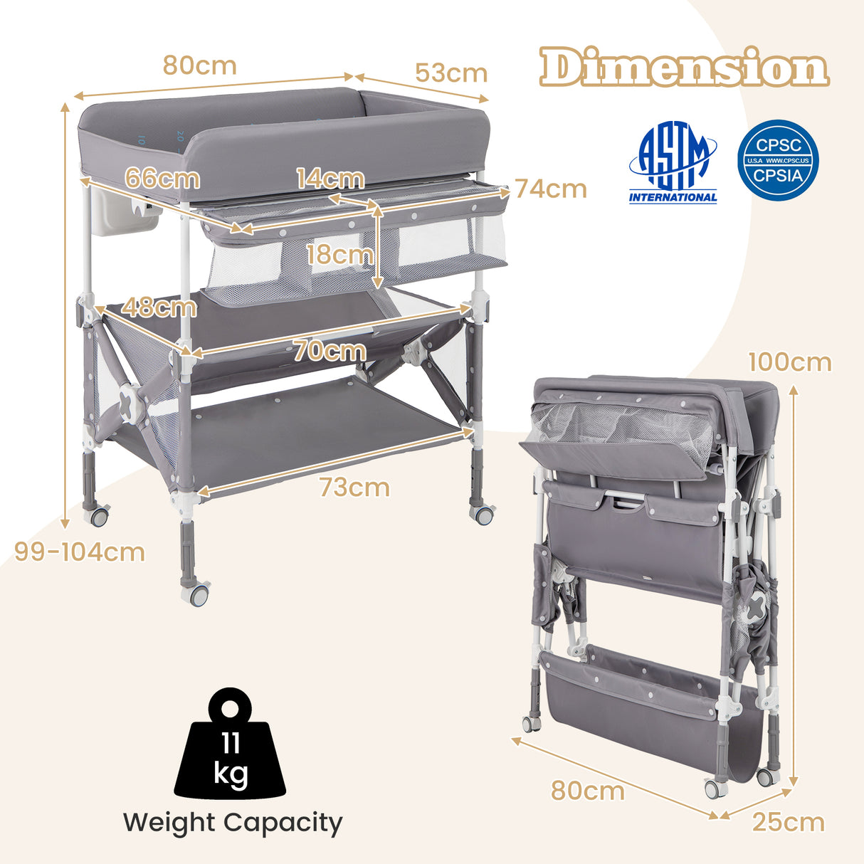 Portable Baby Changing Table with Wheels and Large Storage Rack