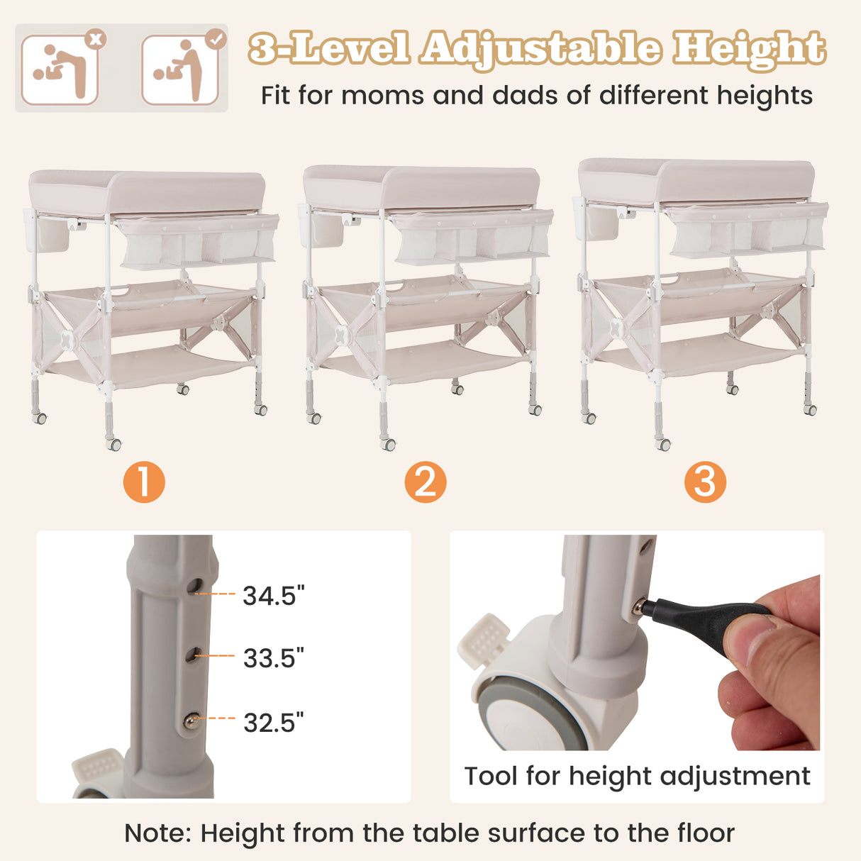Portable Baby Changing Table with Wheels and Large Storage Rack