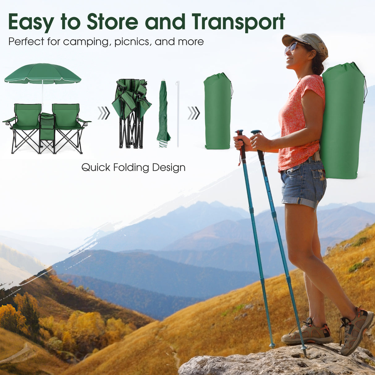 Portable Folding Picnic Double Chair with Umbrella