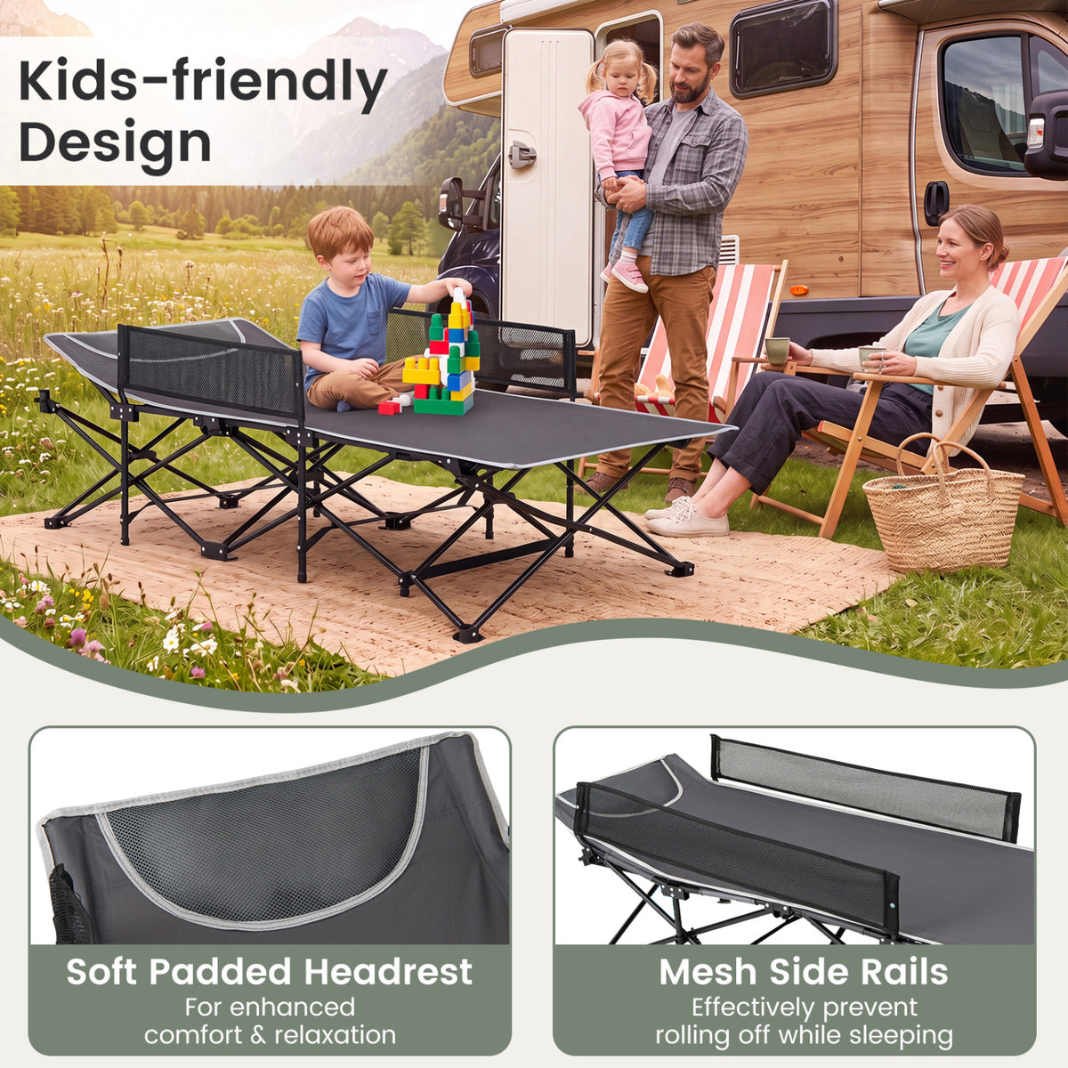 Portable Travel Toddler Cot Bed with Guardrail for Outdoor Indoor