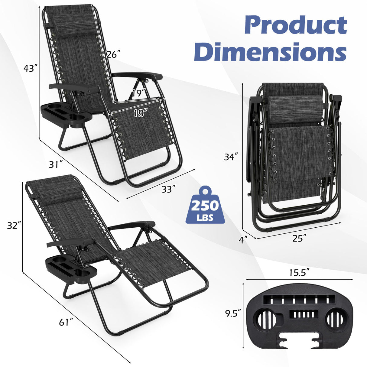 Portable Zero Gravity Chairs with Cup Holder Trays and Backrest